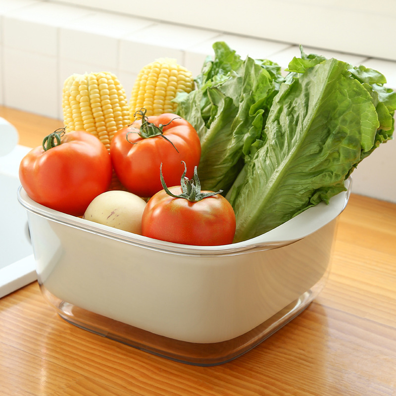 Custom Rice Washing Basket Multi-Functional Plastic Square Kitchen Large Simple Double Layer Fruit Drain Basket Specification drawing