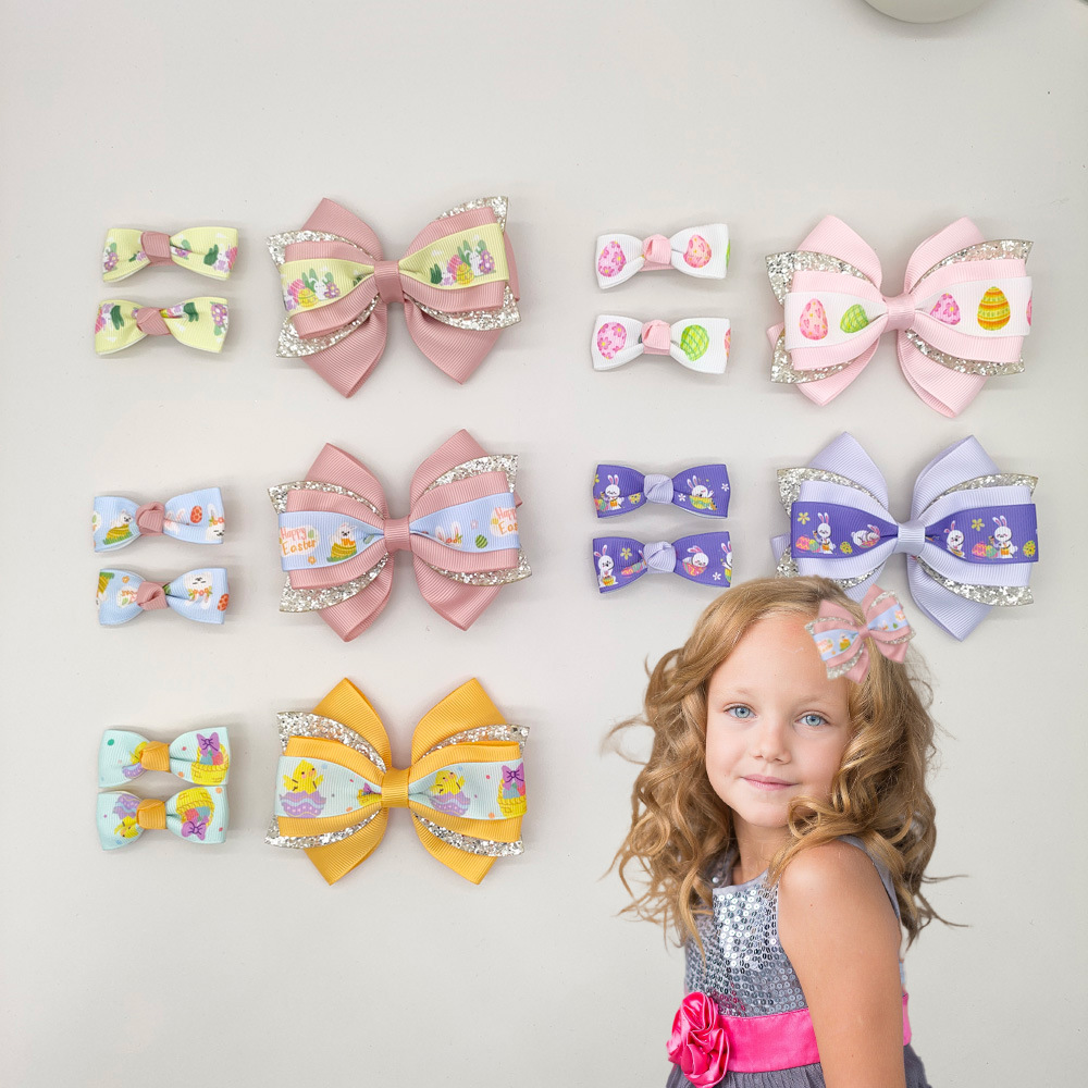 复活节派对儿童发夹套装跨境节日女孩发饰兔子鸡蛋印花蝴蝶结头饰