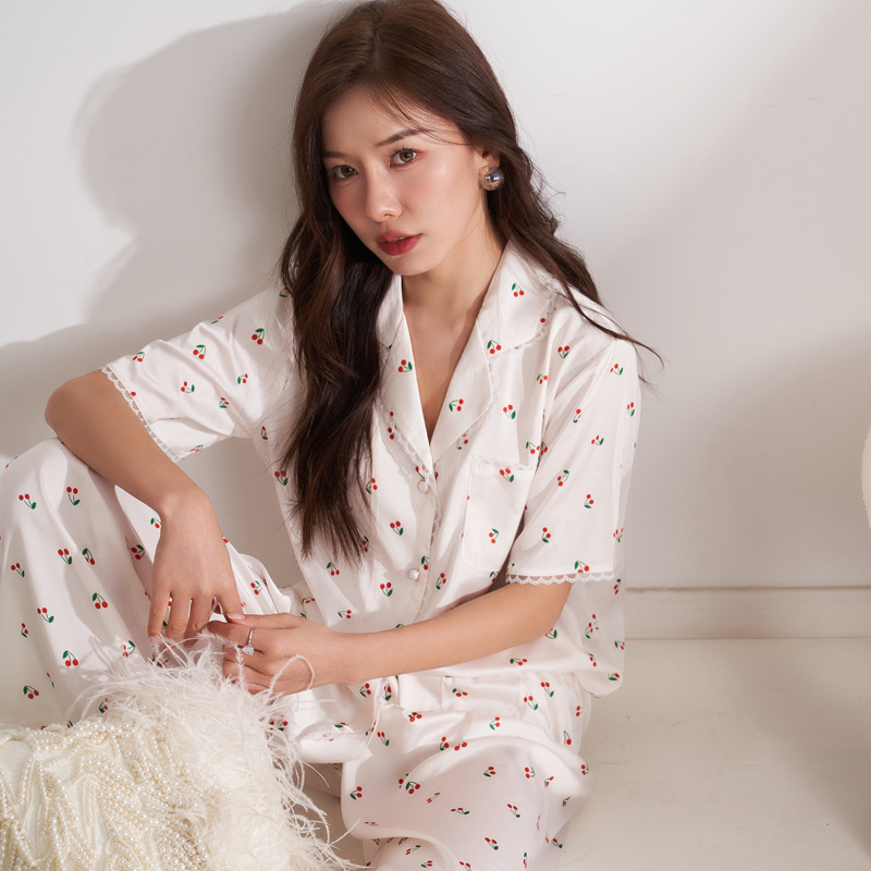 2023 Ice Silk Pajama Women's Summer Thin French Fresh Lace Cherry Casual Wear, Short sleeve and long Pants set details Picture