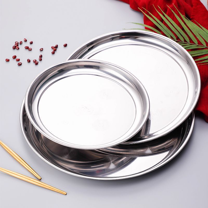 Cross-Border Stainless Steel Plate Round Platter Tableware Thickened Tray Restaurant Hotel Home Wholesale Plate Larger Application Scenario