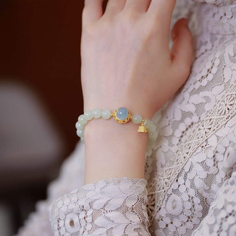 Wholesale of natural Hetian jade round bead single-ring bracelets, women's aquamarine pendants, accessories and jewelry bracelets Specification image
