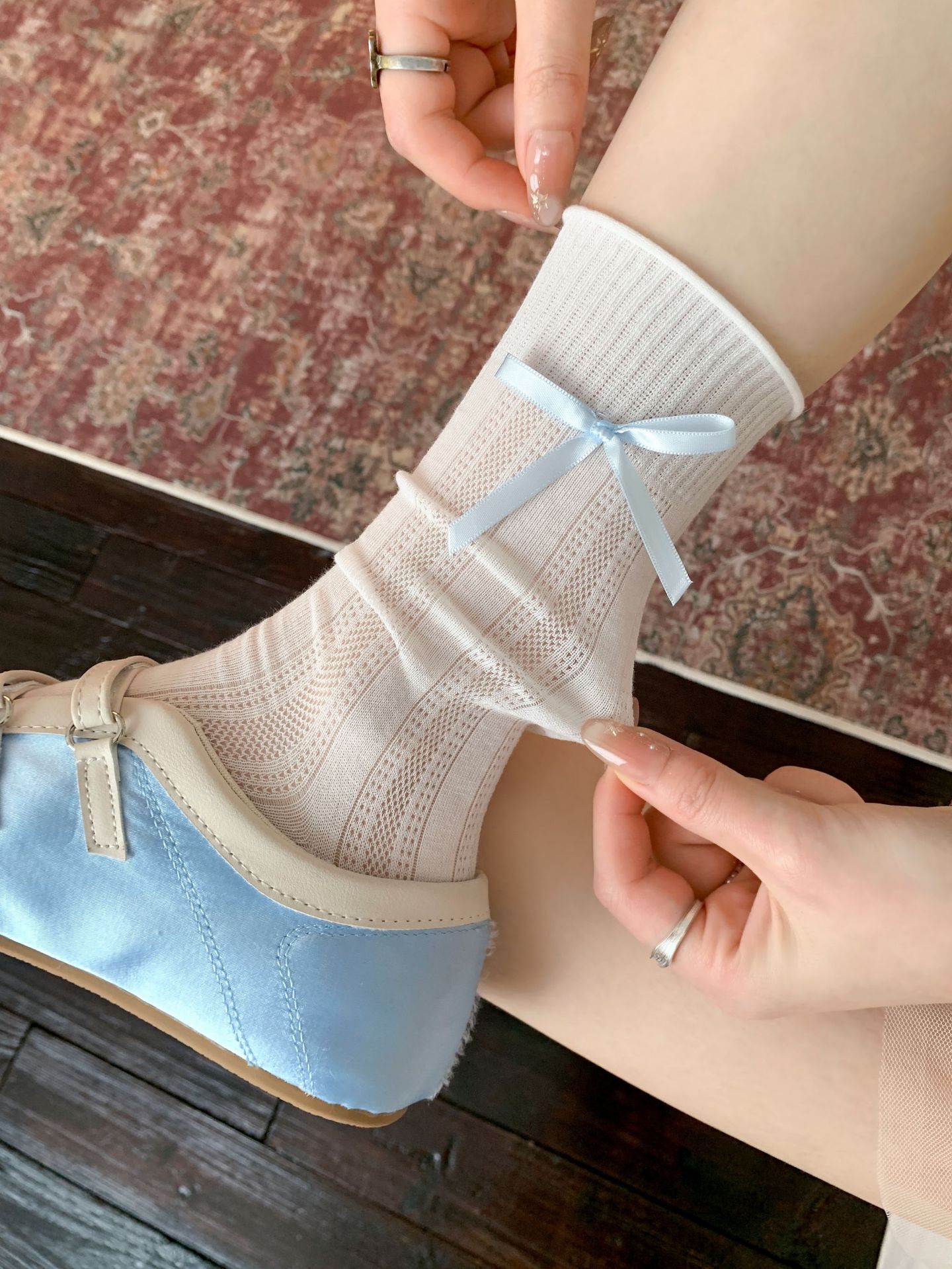 袜子地摊一件代发芭蕾风长筒袜子女甜美蝴蝶结夏季薄款吸汗透气韩系ins无骨堆堆袜一件代发详情8
