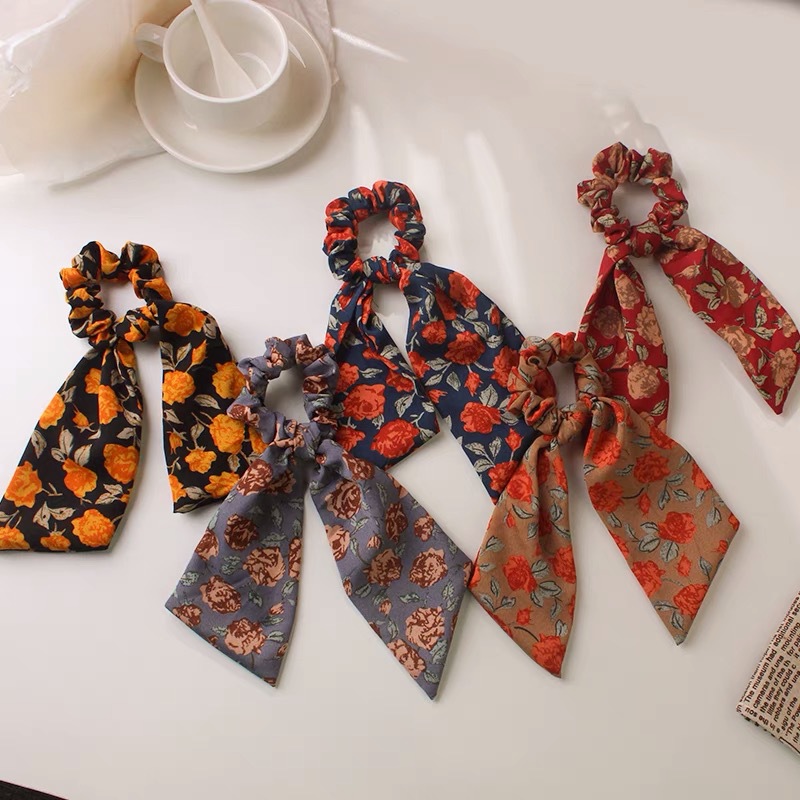 French retro floral hair tie and headband, simple flowing ribbon, popular ponytail hair tie, new leather band hair band headwear for women