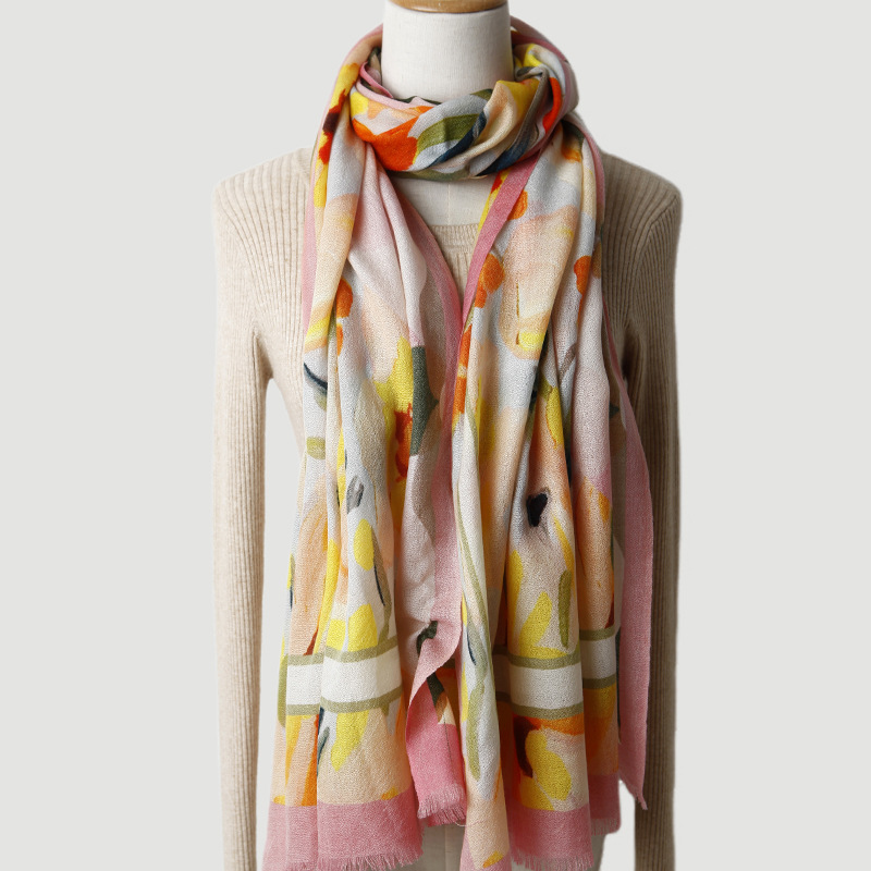 Digital print wool scarf and shawl, versatile for both women and women, warm in spring, winter and autumn, new 80-piece silk gloss style Specification image