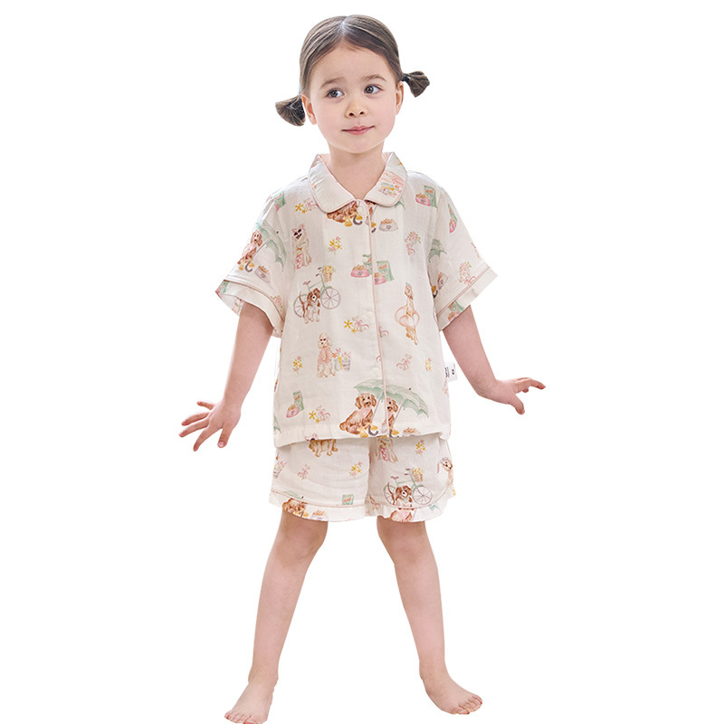 Andan 2025 New Children's and women's home Wear, Parent-child pajamas, summer short sleeves and shorts, bamboo cotton gauze set Item Picture