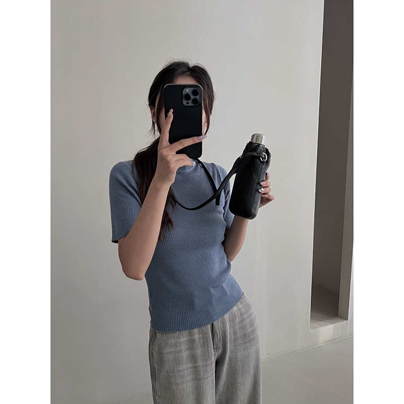 MMC knitted sweater Women's 2024 Autumn New Slimming top, short-sleeved T-shirt, wool semi-high neck base layer Item Picture