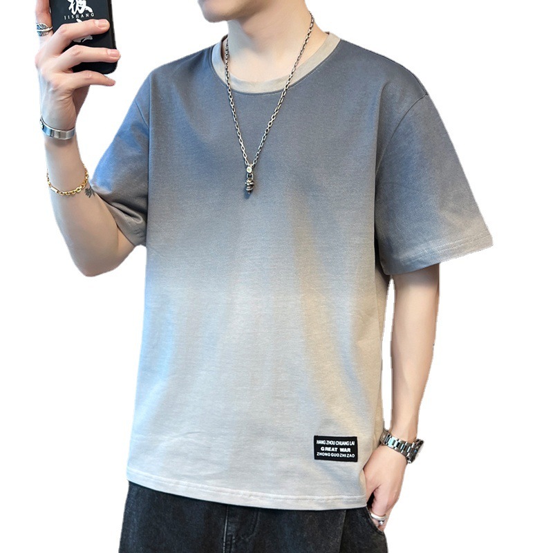 2024 New summer men's trendy loose wear, a student short-sleeved T-shirt and top with a round neck and gradient color, five-quarter sleeves Item Picture