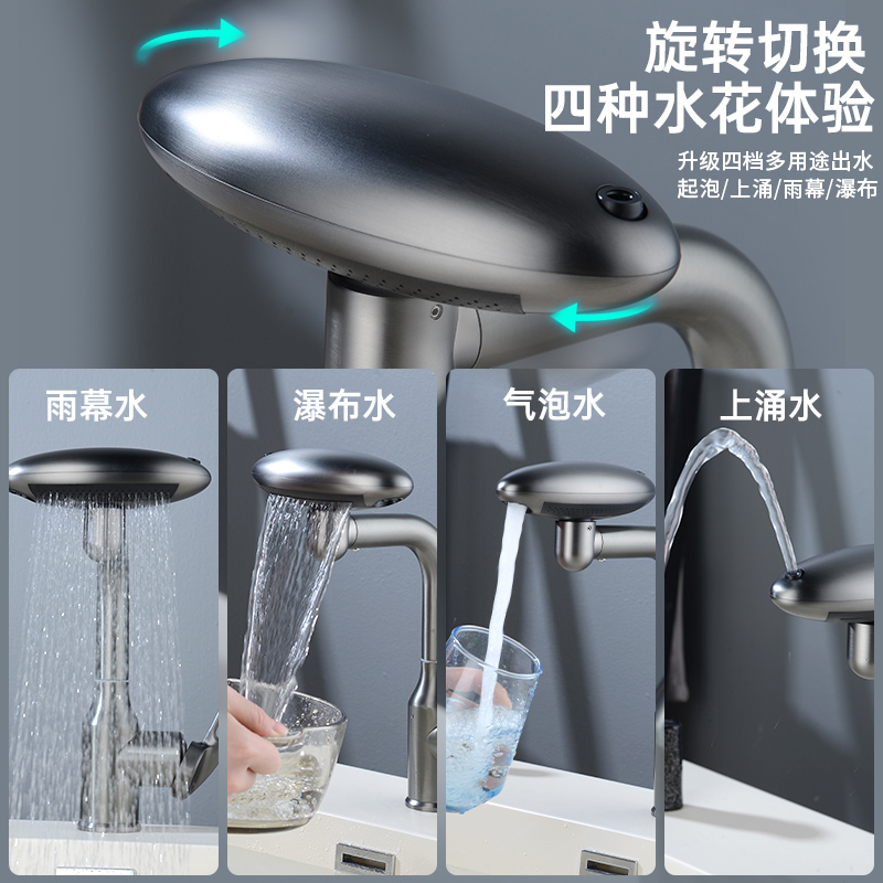 Gun Gray Washbasin Hot And Cold Household Washbasin Washbasin Washbasin Multifunctional Rotating Rain Waterfall Faucet Copper details Picture