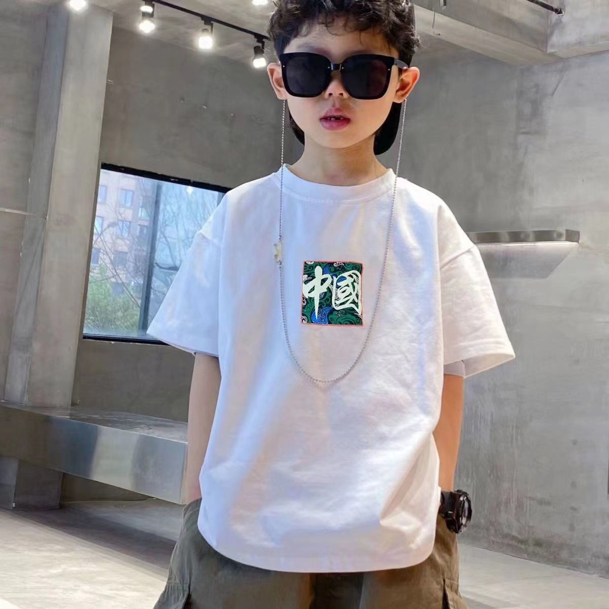 New pure cotton national trend summer half-sleeved clothes for children and teenagers, cool and trendy short-sleeved T-shirts for big boys and girls details Picture