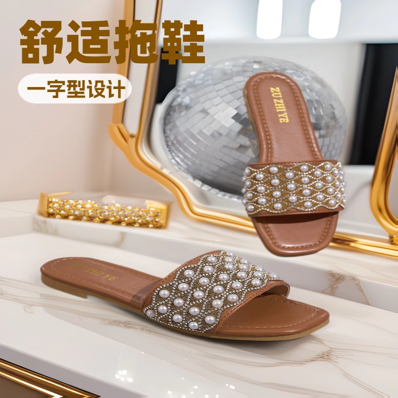 New cross-border European and American high-end fashion sparkling diamond pearl flat sandals and slippers for summer 2025