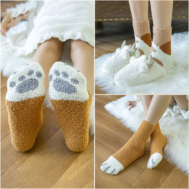 新款珊瑚绒女袜日系可爱猫爪印地板袜加厚保暖松口睡眠家居袜批发图