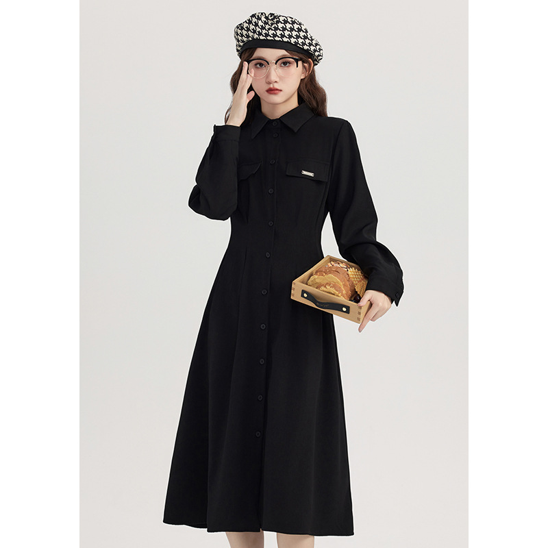 Factory direct sale 2023 Summer New Style stylish black simple waist-cinching slimming long-sleeved dress HUA3303