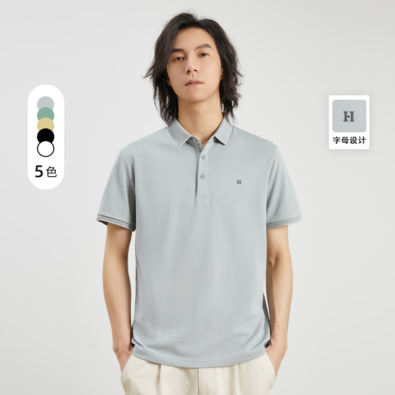 亦止男装桑蚕丝商务T恤男翻领夏季字母刺绣polo衫男抑菌男士上衣