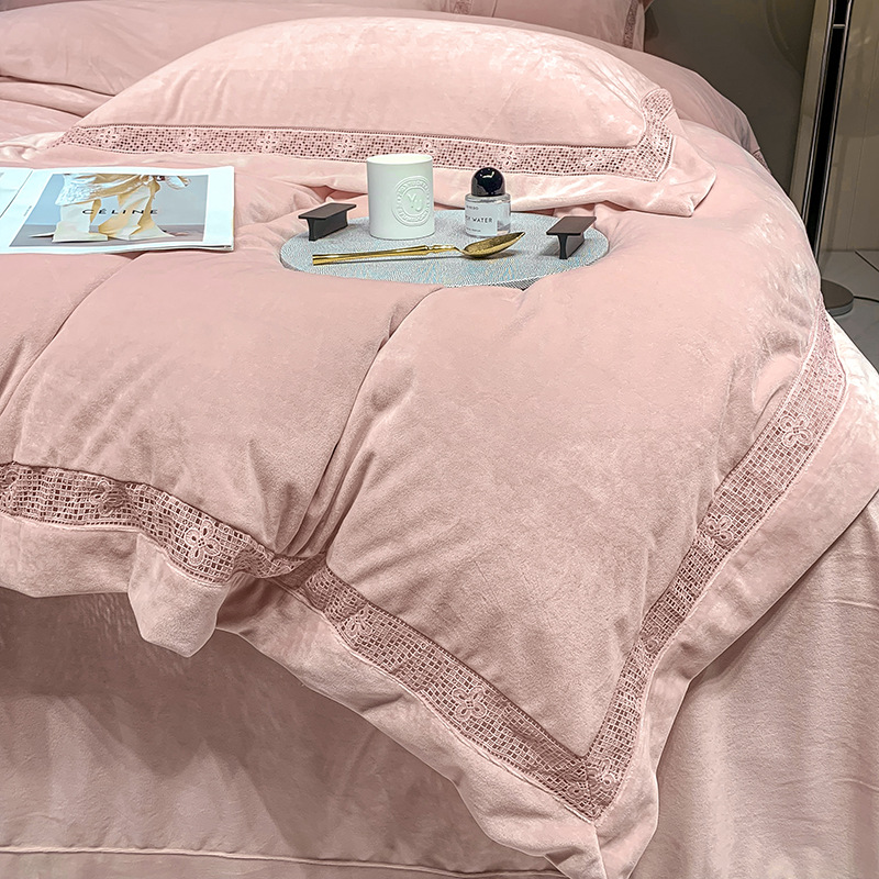 A类婴肤绒镂空工艺四件套秋冬保暖双面绒纯色套件床上用品批发