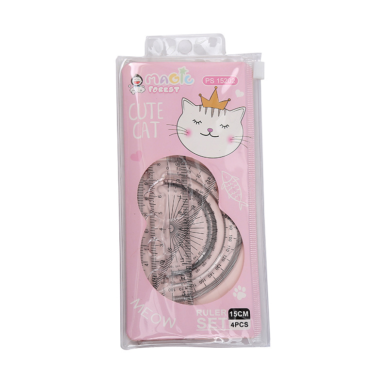 2021 new cartoon cat student ruler set 20 straight triangle protractor color printing factory direct sales Item Picture