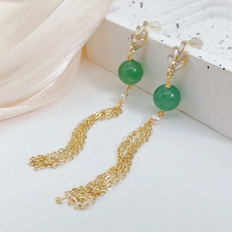 ED040064 Dongling Jade long tassel stud earrings, gilded long tassel earrings and pendants, inlaid with fashionable and retro green Specification image