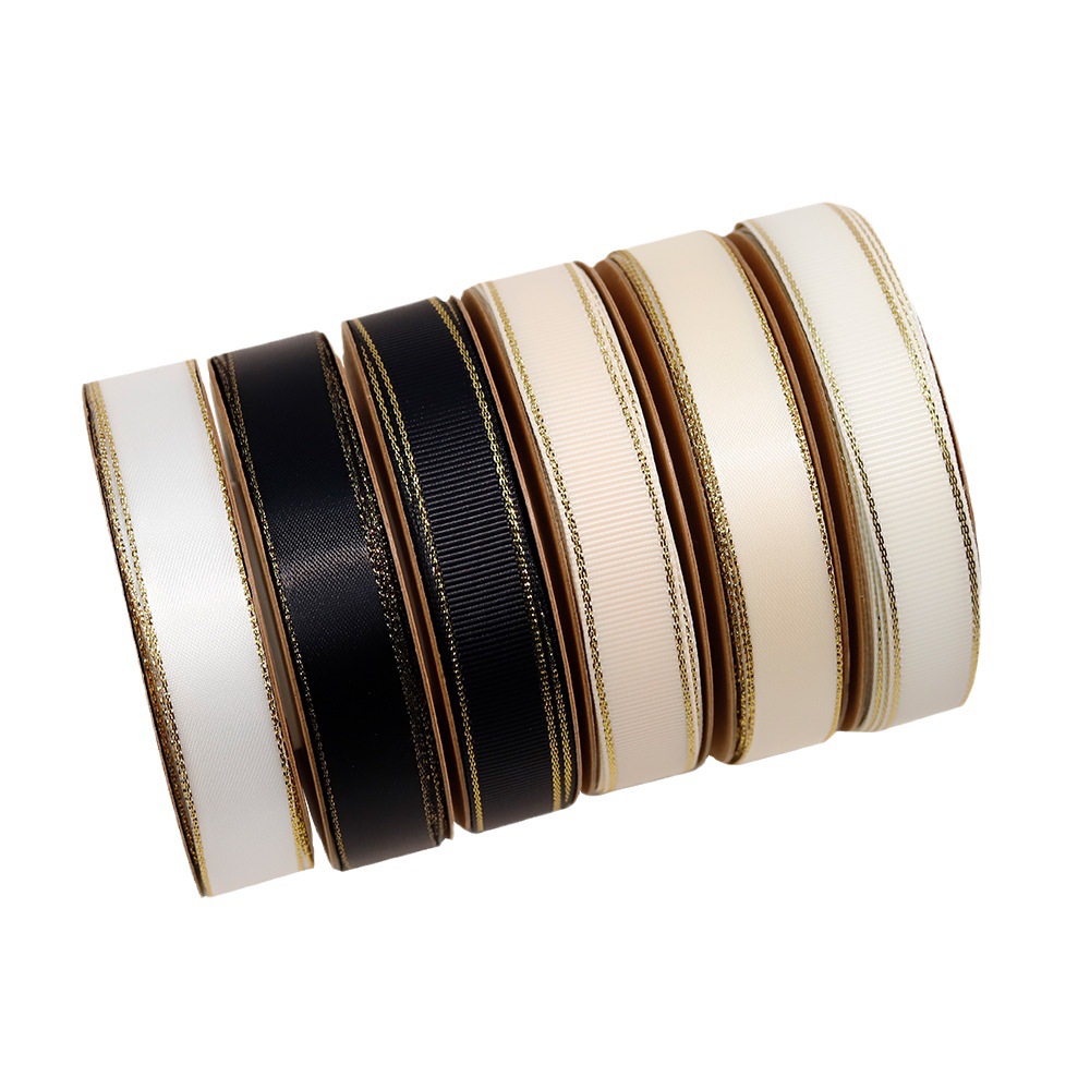 Double gold-edge ribbons can be printed with gold or silver foil stamping for various gift boxes, gift packaging, and bow decoration. Samples can be sent Item Picture