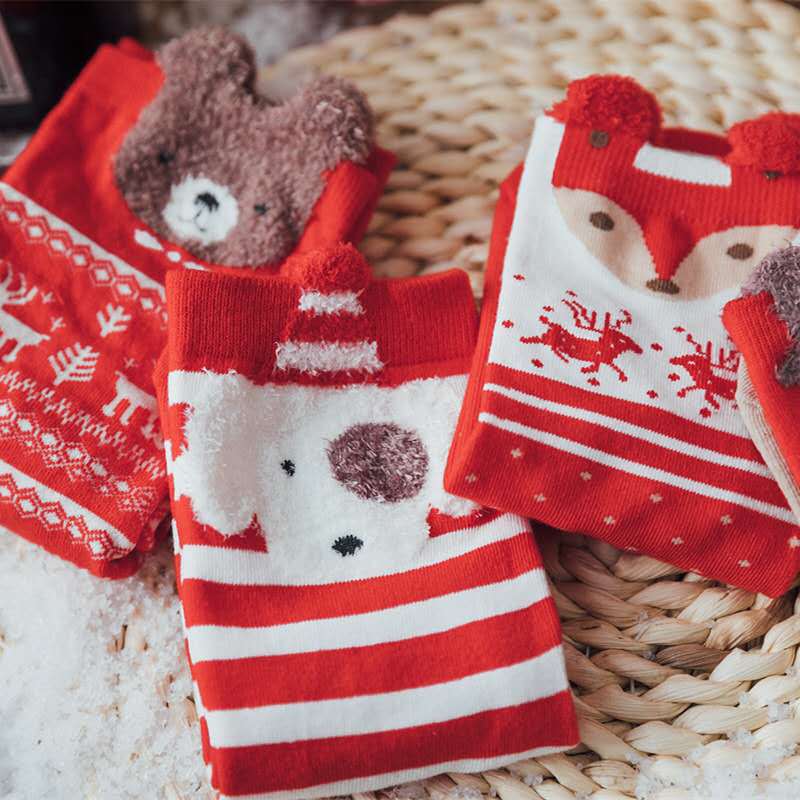 礼盒圣诞袜跨境 秋冬款中筒袜子女 圣诞袜盒装可爱卡通红色礼盒袜详情图4