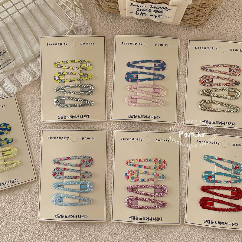Spring 2025 Korean-style printed bb clip, children's side fringed bangs clip, sequined simple girl side clip, Bye clip details Picture