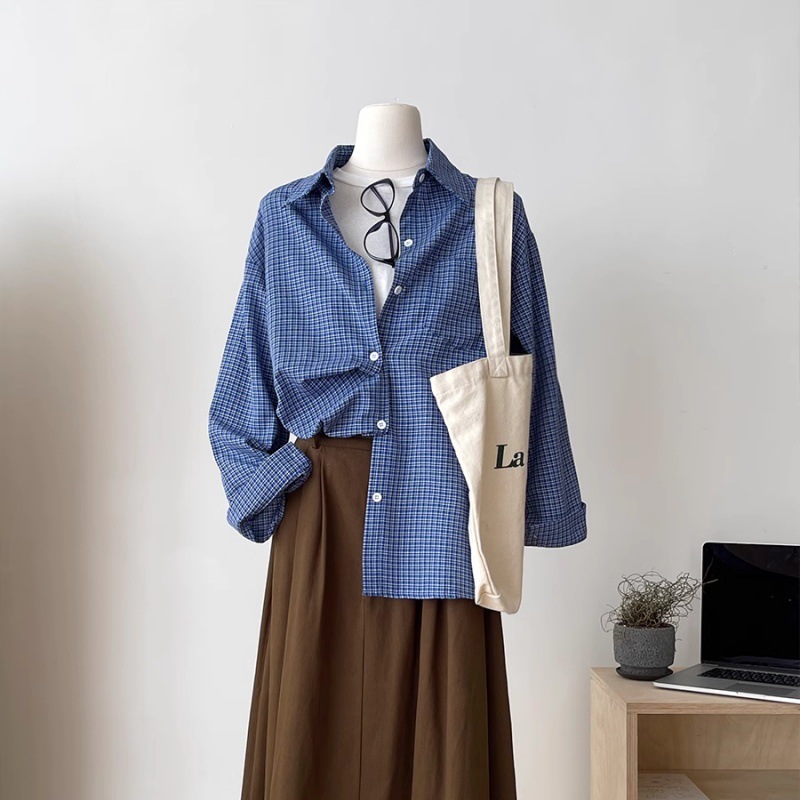 新款美式复古长袖蓝色格子衬衫慵懒宽松显瘦百搭秋季衬衣上衣外套