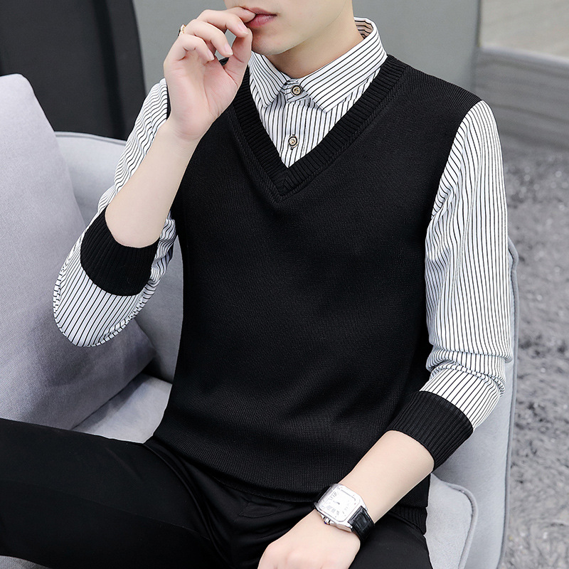 Two new black 2024 autumn/winter sweaters for men, a shirt collar base layer, a high-end autumn outfit for men Specification image
