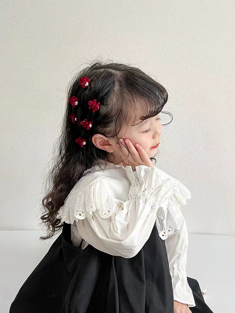 New New Year's Red Cute Children's Pearl Flower Small Grab Korean Flocking Hair Clip Side Fringe Clip Hair Accessories Specification drawing