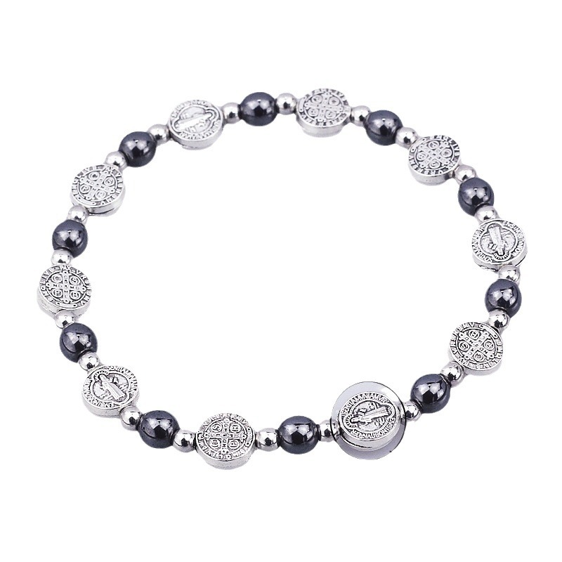 Europe And The United States Cross-Border Foreign Trade Temu Hot Selling Retro Cross St. Benedict Black Gallstone Elastic Bejeweled Bracelet Men And Women's Baptism Bracelet Couple Gift Manufacturers Wholesale Item Picture