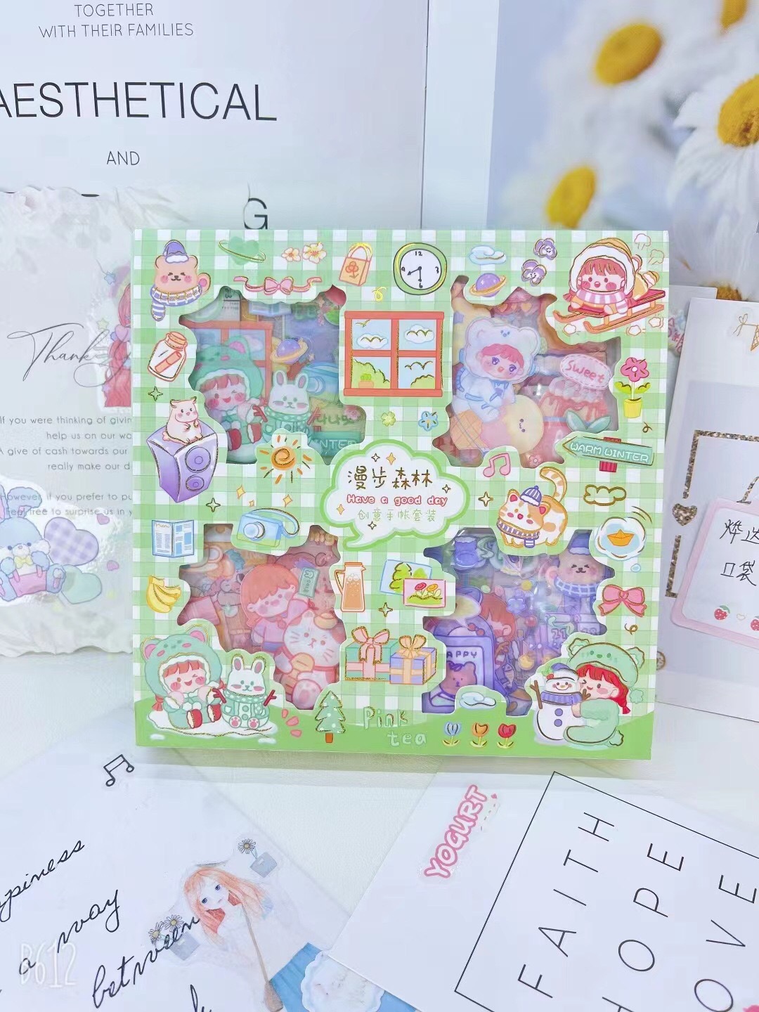 文创32入盒装透明贴纸创意少女心可爱卡通PET贴纸DIY手账素材