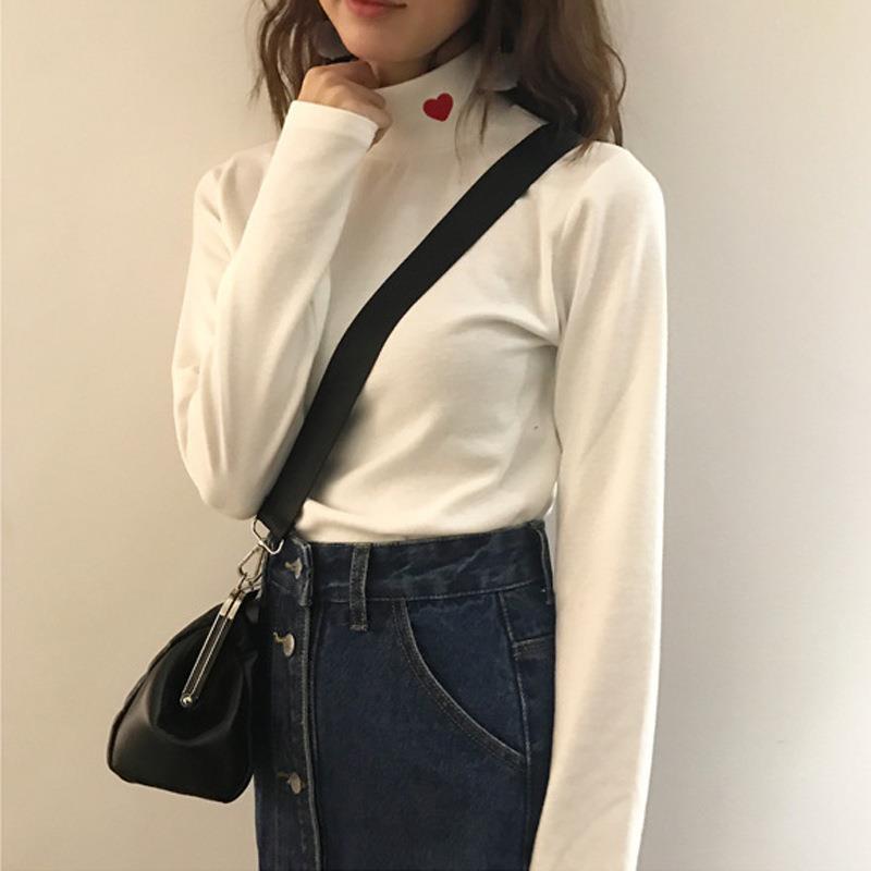 2022春秋季新款女装刺绣爱心小高领打底衫弹力保暖T恤 女士