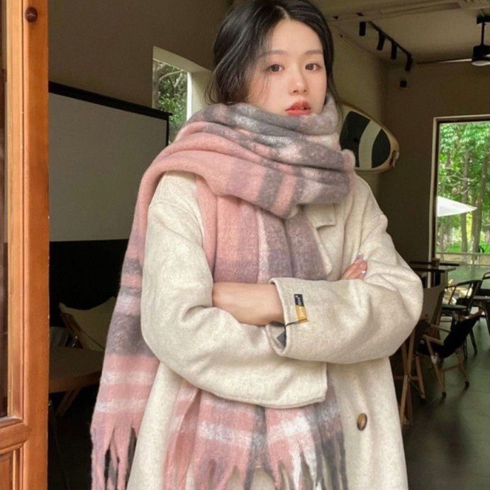 氛围感圈圈纱围巾女加厚保暖格子百搭情侣学院风ins秋冬季竖条款