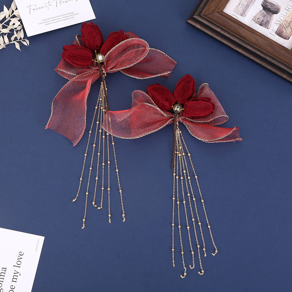 复古欧根纱酒红色丝绒头饰新娘发饰手工绢纱流苏发夹敬酒服配饰详情1