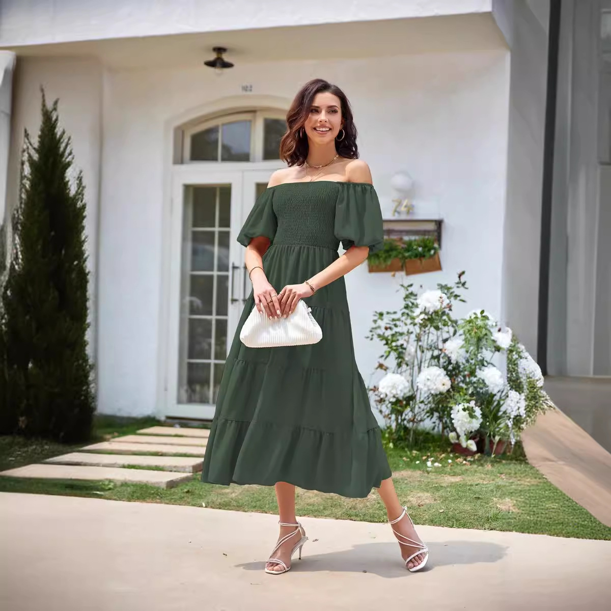 2025 Europe and the United States foreign trade cross-border women's dress Amazon explosion square neck backless bubble sleeve pleated short-sleeved dress details Picture