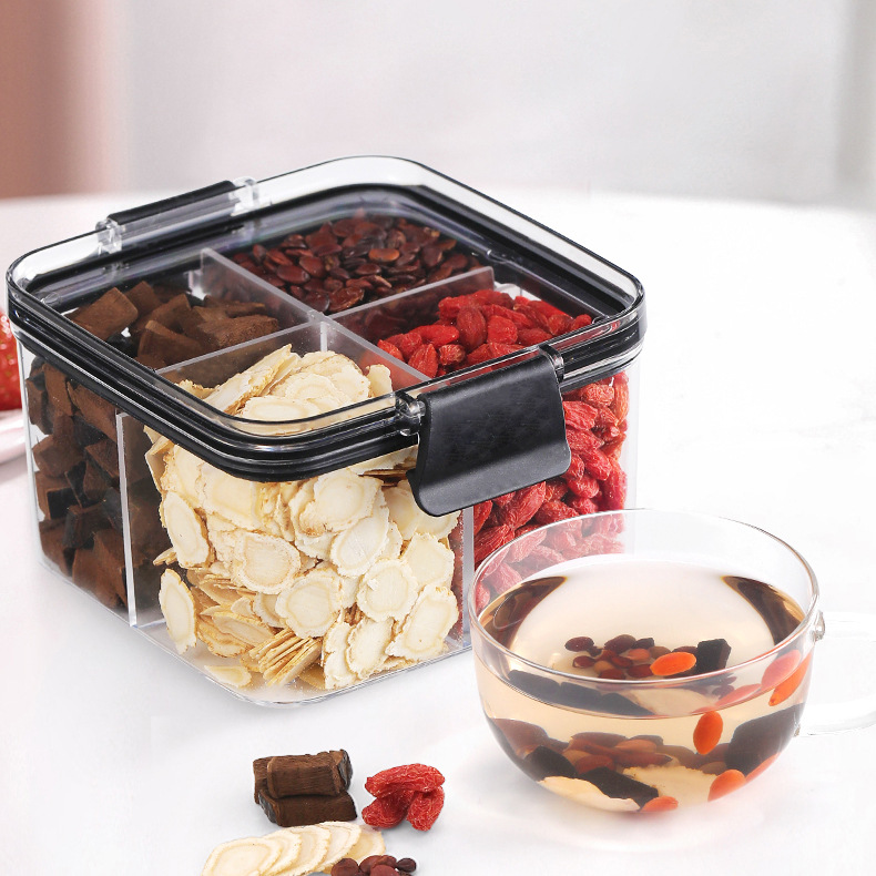 Square Flower Tea Box 460Ml Plastic Four-Compartment Sealed Jar Food Grade Storage Container Storage Tank details Picture