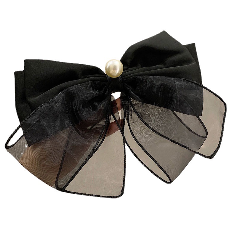 Korean Vintage French Vintage Organza Black Bow Hair Clip Pearl Top Clip Back Hair Accessories Woman Item Picture