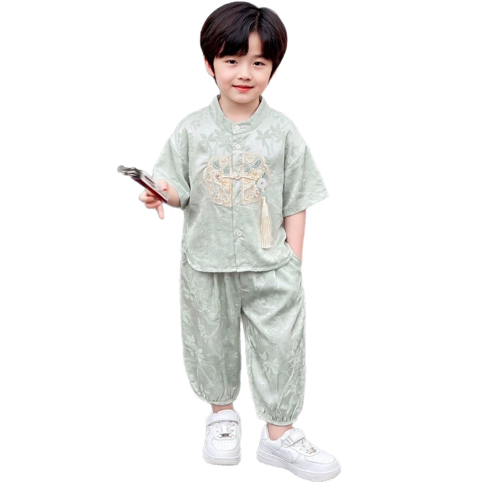 National Trend -2026 New Boys' short-sleeved shirts, long pants, Tang and Hanfu two-piece Set, performance costume, children's summer wear, New Chinese-style set Item Picture