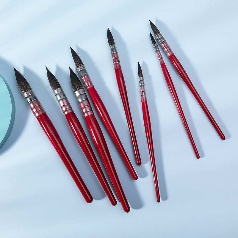 Boyi Xuan Red Fat Man Animal Hair lacquered Solid Wood Stick Single Round Peak Student art line watercolor brush Specification image
