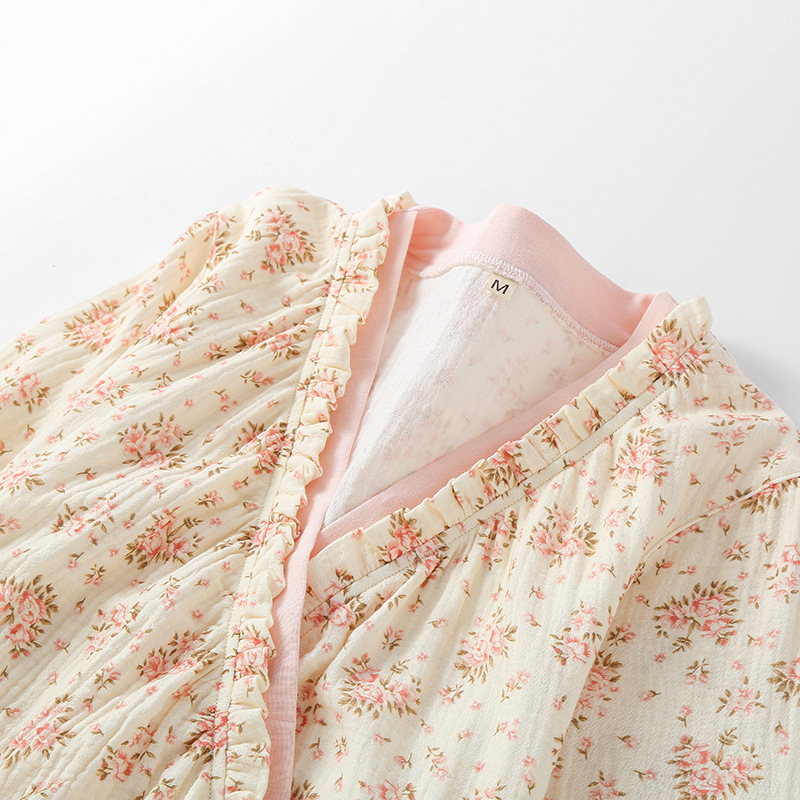 Pure cotton sleeping dress, kimono, double-layer gauze, women's mid-length long-sleeved, thin drawstring home dress for spring, autumn and summer Specification image