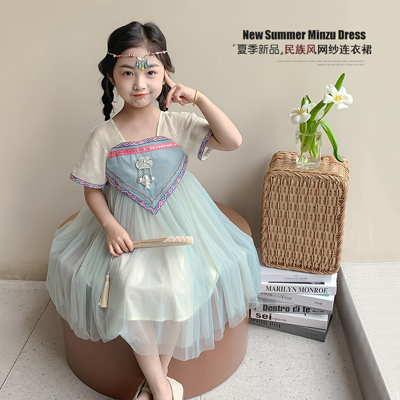 Niñas vestidos primavera verano 2026 nuevo estilo de niños ropa étnica vestido de malla falda de tul vestido de verano vestido de baile vestido de actuación details Picture