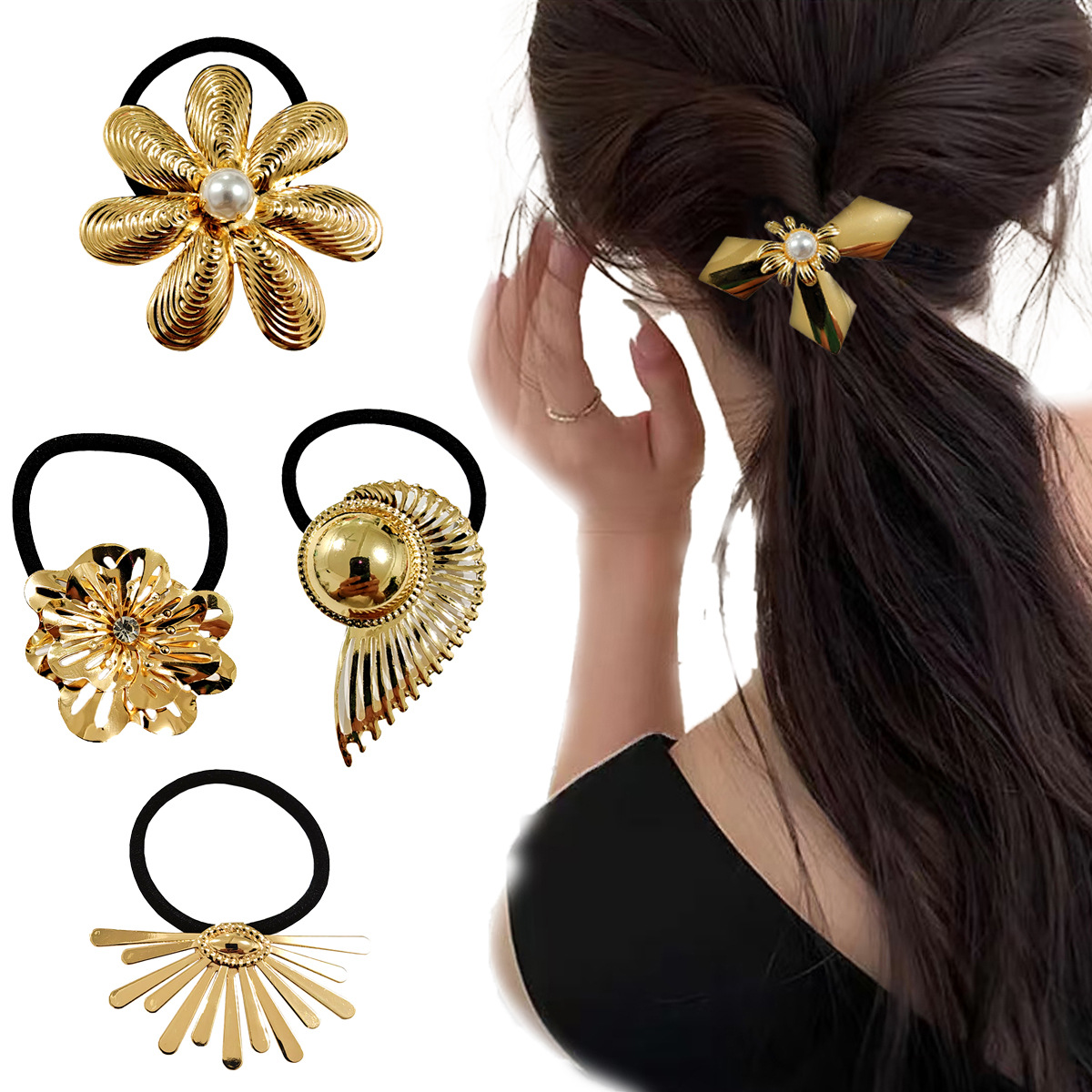 European and American cross-border golden seven-petal large flower hair accessory, retro, exaggerated, luxurious, elegant, simple, fashionable and stylish hair band full figure