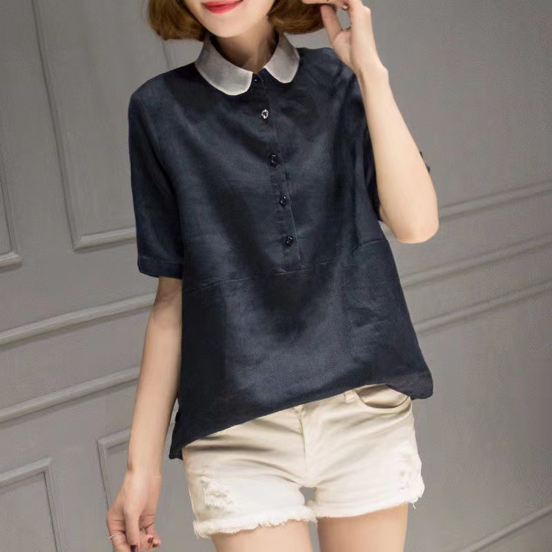 Cotton and linen short-sleeved shirt for women's summer 2022 new style Korean loose and versatile shirt cotton and linen top simple plus-size women's clothing Specification image