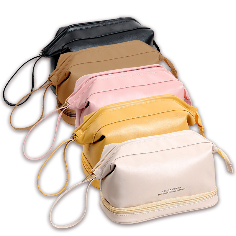 Fashionable double-layer PU makeup bag, large-capacity travel toiletry bag, cosmetics storage bag, waterproof internet-famous makeup bag, batch Item Picture