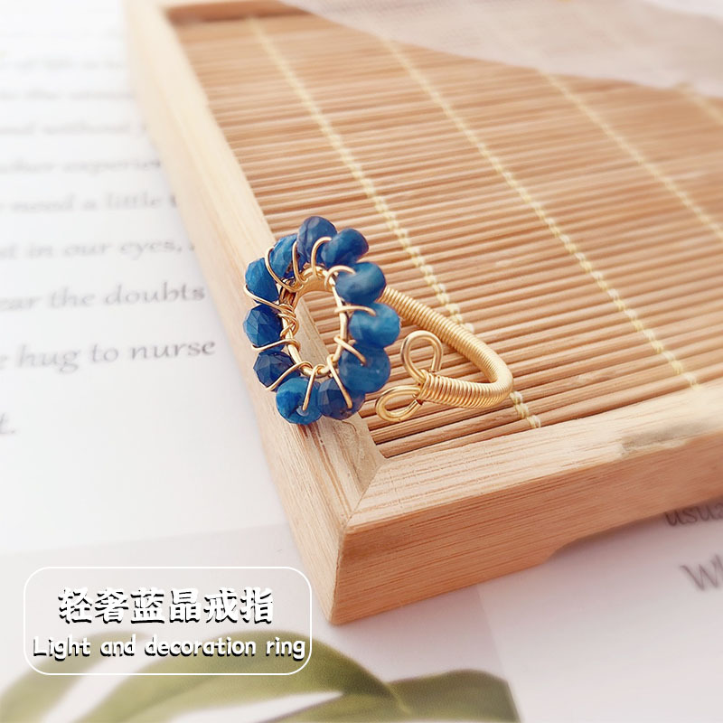 韩式气质首饰14K包金手工制作 蓝晶戒指珍珠指环个性时尚饰品批发
