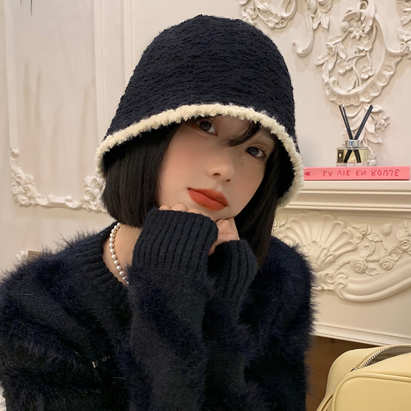 帽子黑色针织毛绒渔夫帽女秋冬季韩版大头围水桶帽日系百搭显脸小