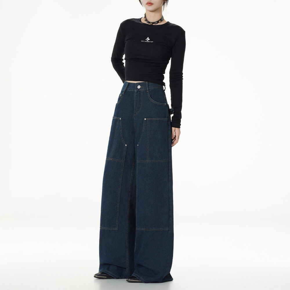High-waisted workwear jeans for women's autumn 2024 new style American high street laid-back and relaxed loose wide-leg pants full figure