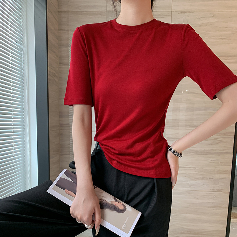 2025早秋爆款天丝羊毛圆领中袖T恤时尚打底衫简约百搭套头上衣女