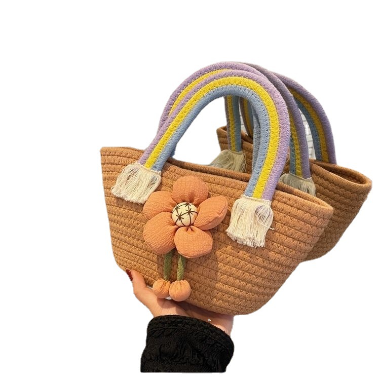 Korean-style trendy cotton rope handbag, a versatile and stylish handbag for Internet celebrities, a fresh and cute flower straw woven bag with a rainbow handle Item Picture
