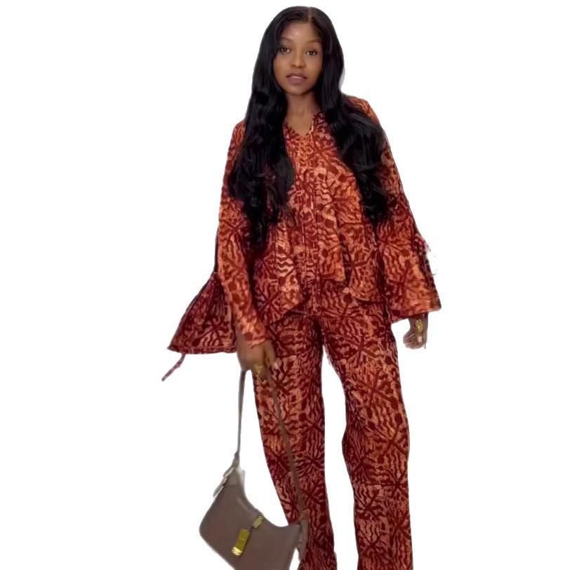European and American large-sized long-sleeved, lace-up and printed shirt, high-waisted wide-leg long pants, African women's casual and fashionable two-piece set for women Item Picture
