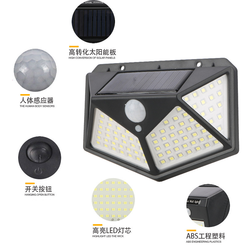 100LED solar charging wall lamp, four-sided light, outdoor waterproof solar human body sensor lamp, garden lamp Specification image