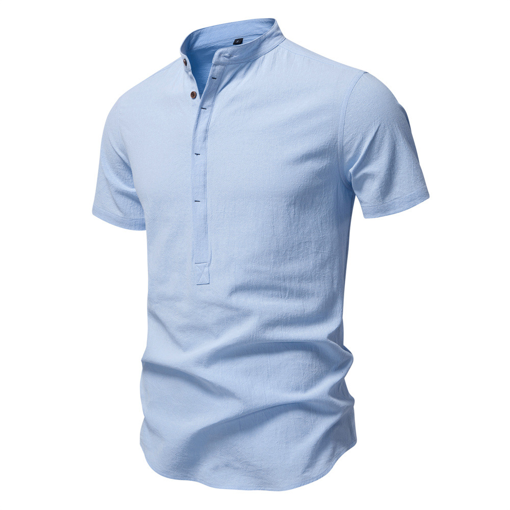 2025 Summer Cross-border new business casual shirt for men, short-sleeved cotton and linen shirt, stand-up collar cotton shirt for men