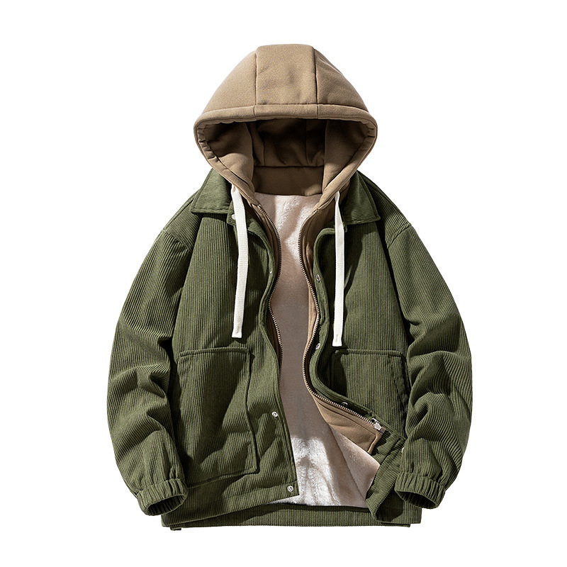 Corduroy baseball jacket for men, loose, fleece and thickened casual lapel jacket for autumn and winter